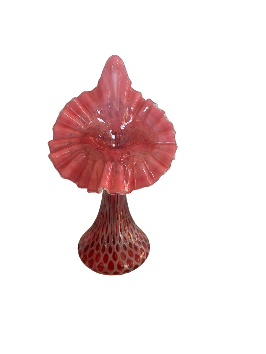 Vintage Cranberry Opalescent Fine Dot Optic Jack-in-the-Pulpit Vase