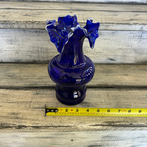 Vintage Cobalt Blue Art Glass Vase with White Trailed Ruffled Rim