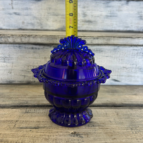 Vintage Cobalt Blue Pressed Glass Covered Candy Dish
