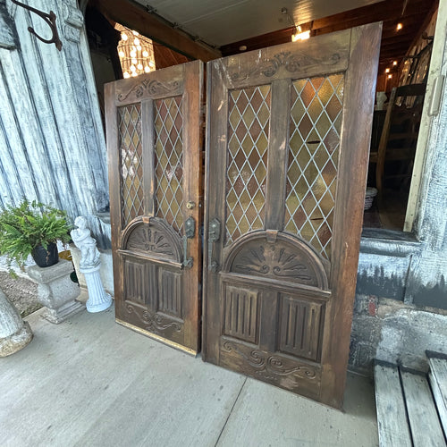 Pair of 36” Antique Carved Wood Double Doors with Leaded Glass