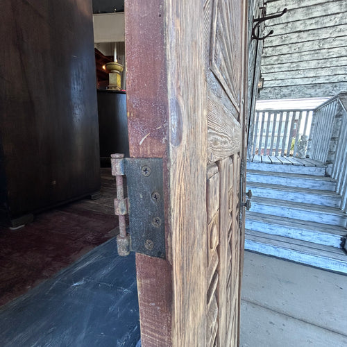 Antique Arched Solid Wood Double Entry Doors with Carved Fan Detail