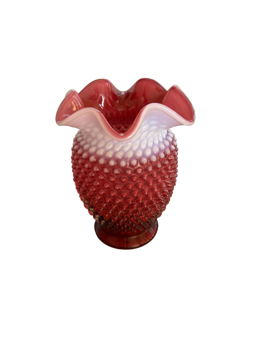 Vintage Fenton Cranberry Opalescent Hobnail Ruffled Vase