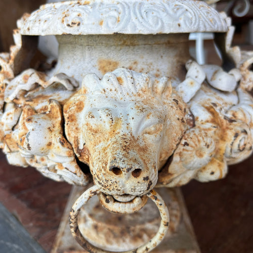 Antique Cast Iron Lion Head Garden Urns w/ Pedestals