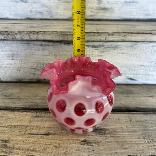 Vintage Cranberry Opalescent Coin Dot Ruffled Rose Bowl