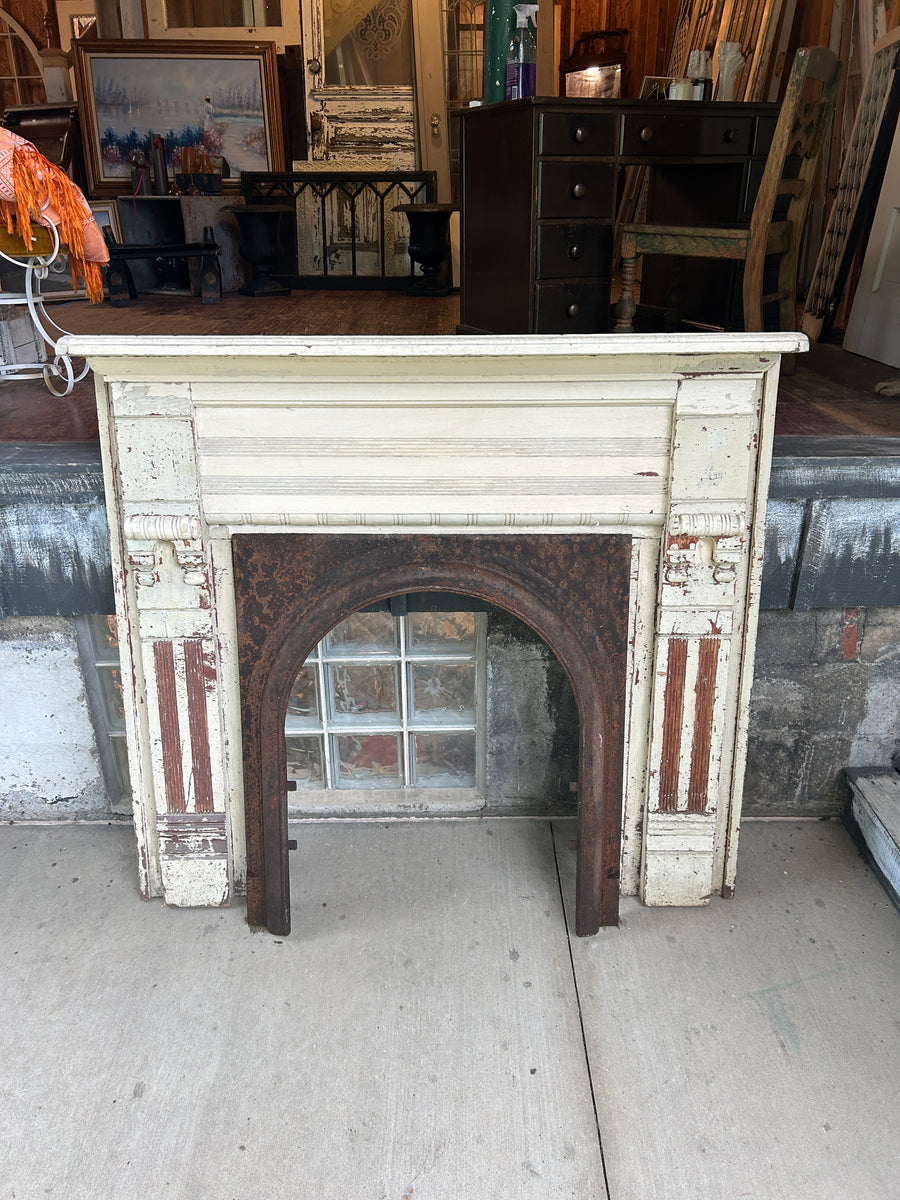 Antique Wood Fireplace Mantel with Cast Iron Insert
