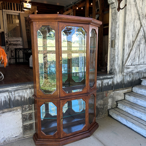 Vintage Oak Curio Display Cabinet with Octagonal Beveled Glass
