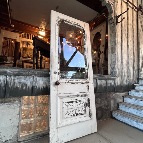 Antique Entry Door with Original Wavy Glass & Carved Panel