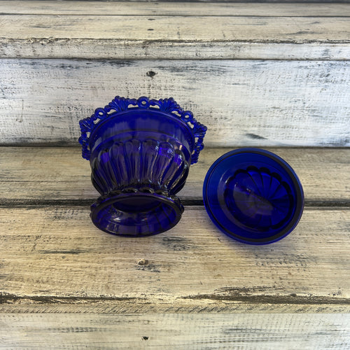 Vintage Cobalt Blue Pressed Glass Covered Candy Dish