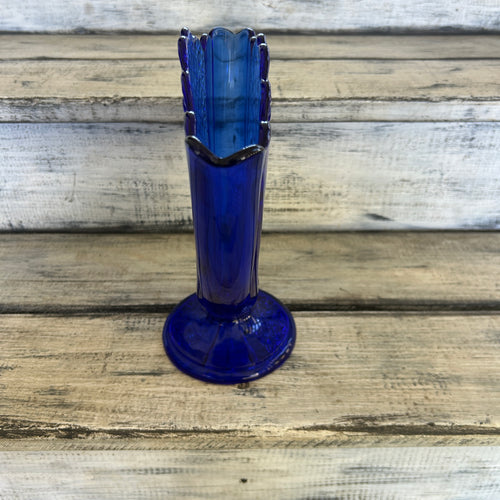 Vintage Cobalt Blue Daisy & Button-Style Pedestal Vase
