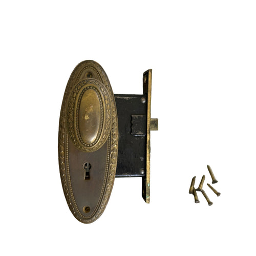 Antique Ornate Brass-Tone Door Knob & Mortise Lock Set