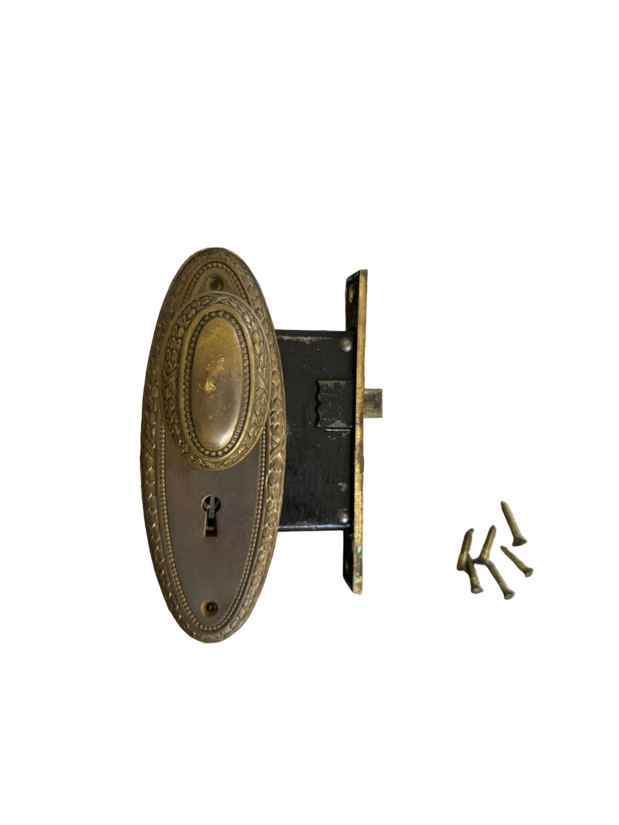 Antique Ornate Brass-Tone Door Knob & Mortise Lock Set