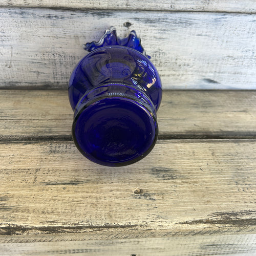 Vintage Cobalt Blue Art Glass Vase with White Trailed Ruffled Rim