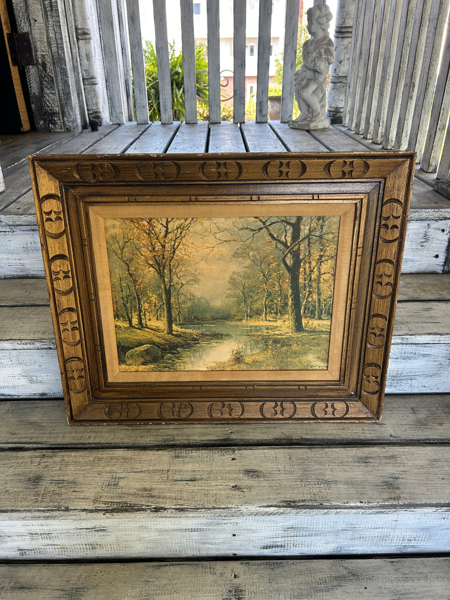Vintage Framed Woodland River Landscape Print - After Robert Wood