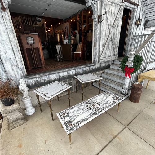 Neoclassical Style Marble+Brass Side Tables + Coffee Table