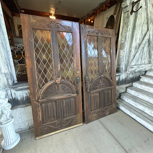 Pair of 36” Antique Carved Wood Double Doors with Leaded Glass