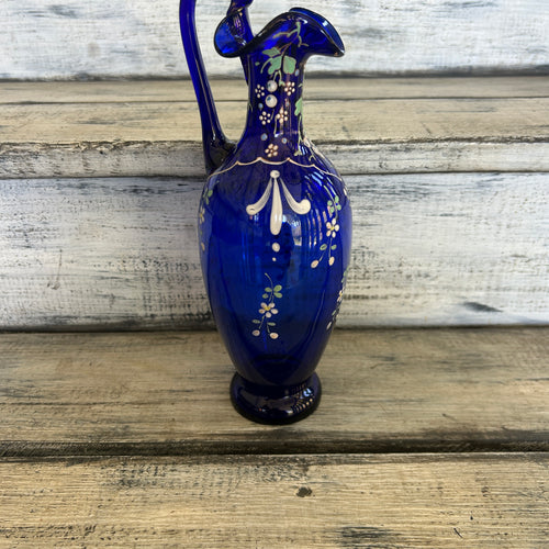 Vintage Cobalt Blue Hand-Painted Floral Glass Ewer