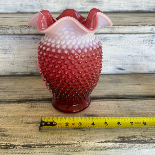 Vintage Fenton Cranberry Opalescent Hobnail Ruffled Vase