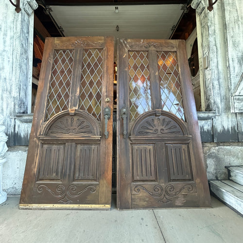 Pair of 36” Antique Carved Wood Double Doors with Leaded Glass