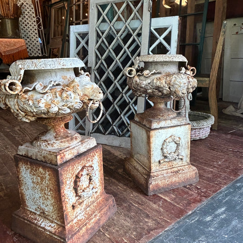 Antique Cast Iron Lion Head Garden Urns w/ Pedestals