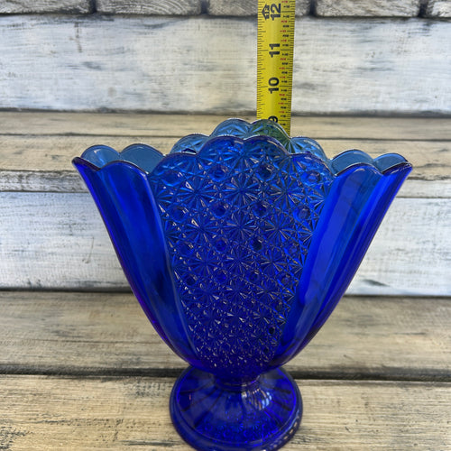 Vintage Cobalt Blue Daisy & Button-Style Pedestal Vase