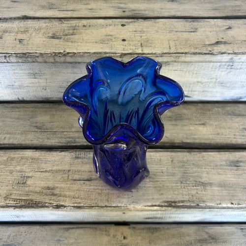 Vintage Cobalt Blue Bubble Art Glass Ruffled Vase