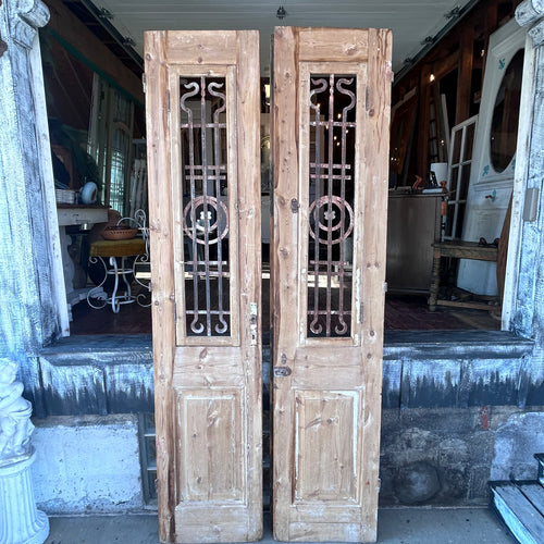 Antique Solid Wood Double Doors with Wrought Iron Grilles
