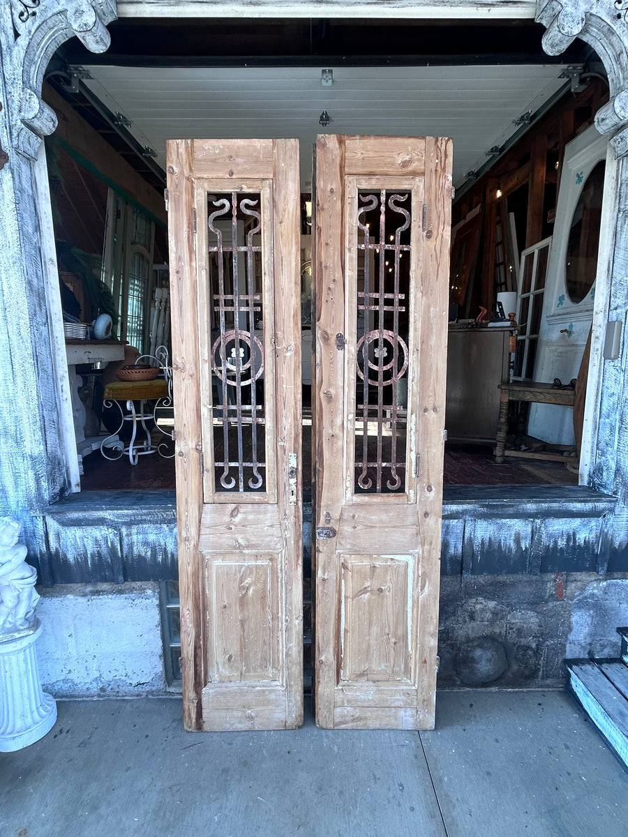 Antique Solid Wood Double Doors with Wrought Iron Grilles