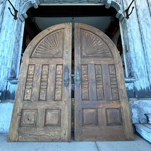 Antique Arched Solid Wood Double Entry Doors with Carved Fan Detail