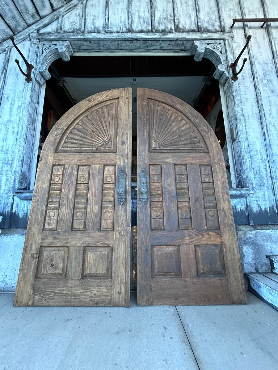 Antique Arched Solid Wood Double Entry Doors with Carved Fan Detail