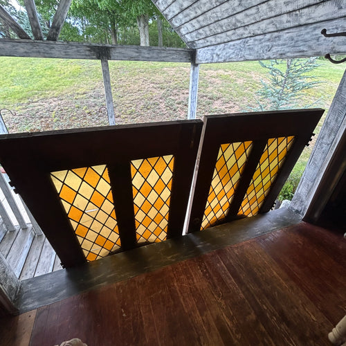 Pair of 36” Antique Carved Wood Double Doors with Leaded Glass