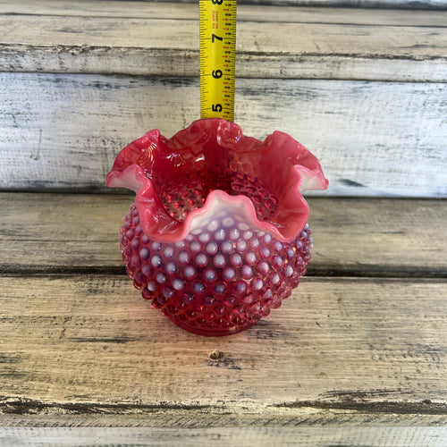 Vintage Fenton-Style Cranberry Opalescent Hobnail Rose Bowl