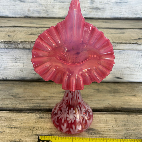 Vintage Fenton-Style Cranberry Opalescent Daisy & Fern Jack-in-the-Pulpit Vase
