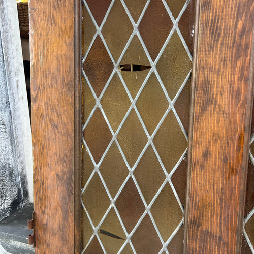 Pair of 36” Antique Carved Wood Double Doors with Leaded Glass