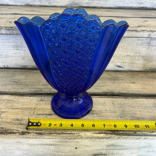 Vintage Cobalt Blue Daisy & Button-Style Pedestal Vase