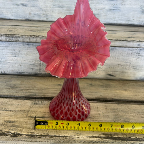 Vintage Cranberry Opalescent Fine Dot Optic Jack-in-the-Pulpit Vase