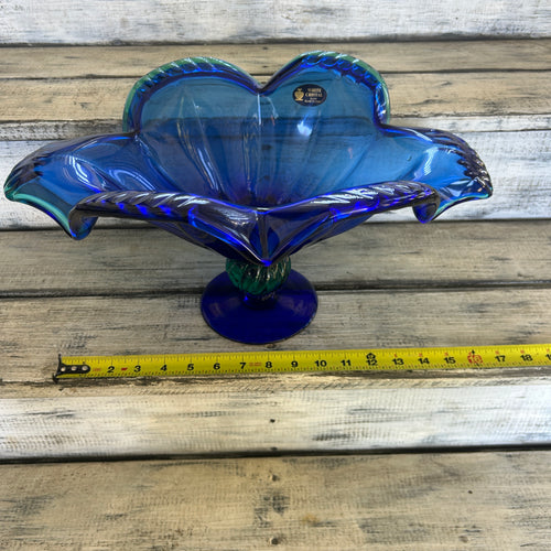 Vintage White Cristal Italian Blue & Green Art Glass Centerpiece Bowl