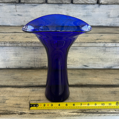 Vintage Cobalt Blue Sculptural Trumpet Art Glass Vase