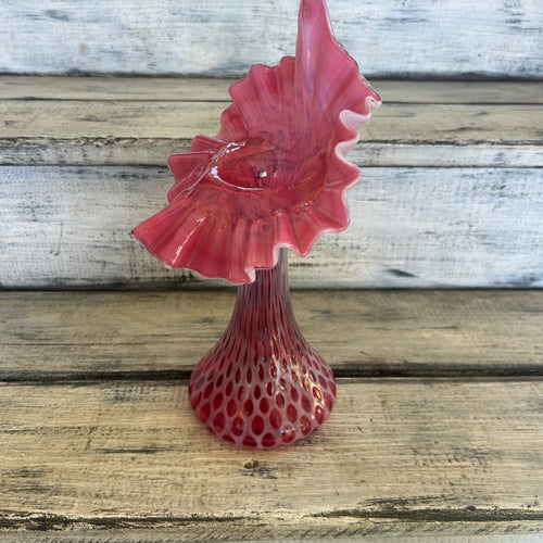 Vintage Cranberry Opalescent Fine Dot Optic Jack-in-the-Pulpit Vase