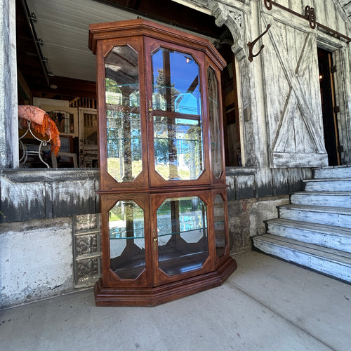 Vintage Oak Curio Display Cabinet with Octagonal Beveled Glass
