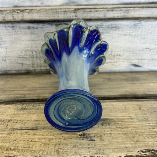 Vintage Blue & White Opalescent Ruffled Art Glass Vase