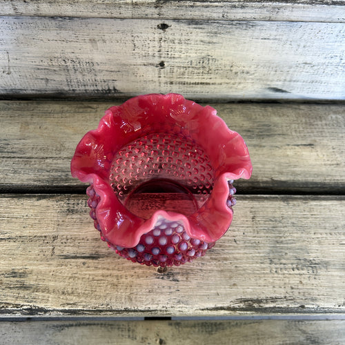 Vintage Fenton-Style Cranberry Opalescent Hobnail Rose Bowl