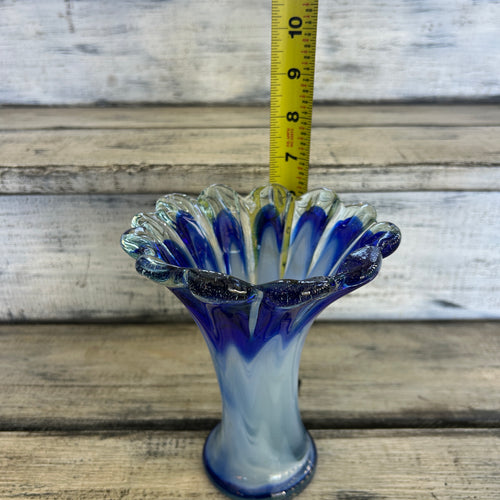 Vintage Blue & White Opalescent Ruffled Art Glass Vase