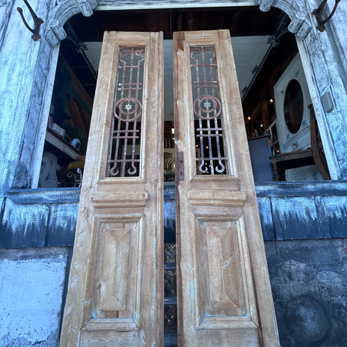 Antique Solid Wood Double Doors with Wrought Iron Grilles