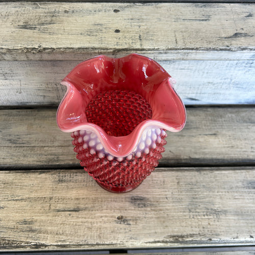 Vintage Fenton Cranberry Opalescent Hobnail Ruffled Vase