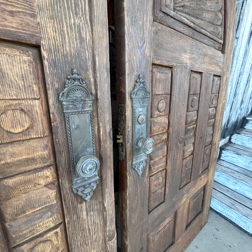 Antique Arched Solid Wood Double Entry Doors with Carved Fan Detail