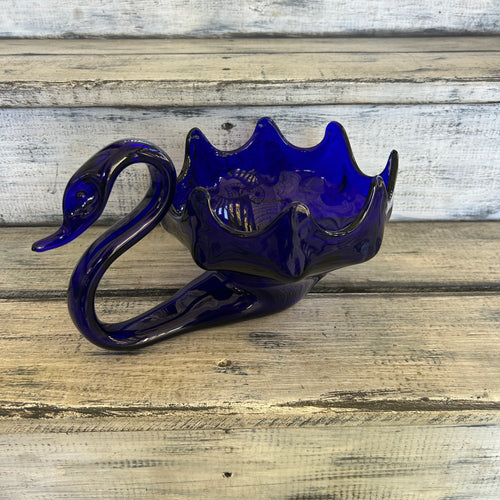 Vintage Cobalt Blue Art Glass Swan Centerpiece Bowl