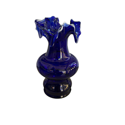 Vintage Cobalt Blue Art Glass Vase with White Trailed Ruffled Rim