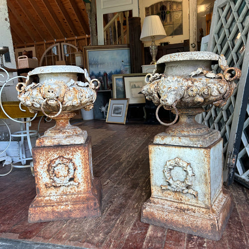 Antique Cast Iron Lion Head Garden Urns w/ Pedestals