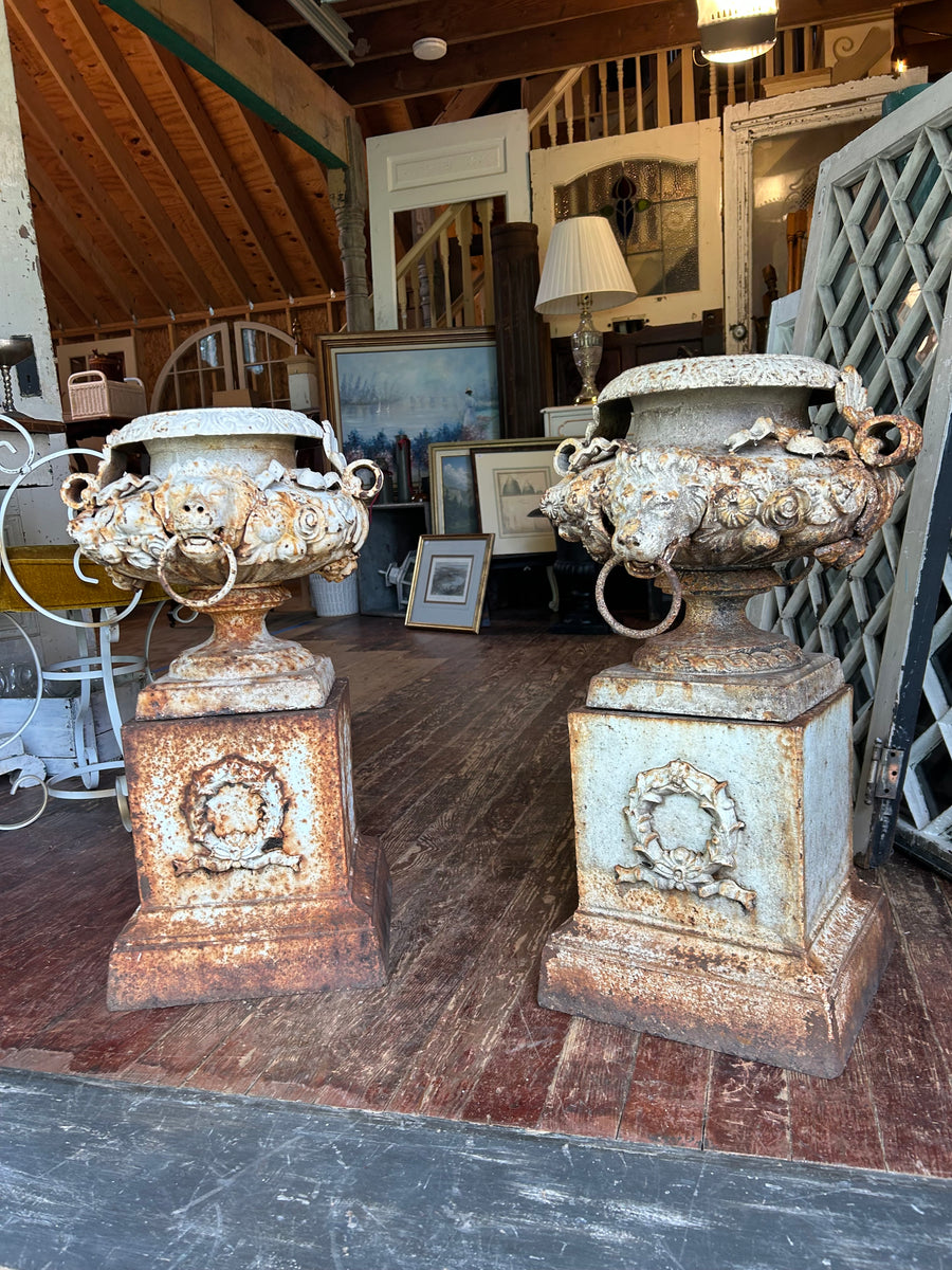 Antique Cast Iron Lion Head Garden Urns w/ Pedestals