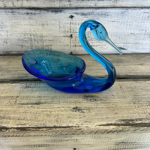 Vintage Blue & Aqua Art Glass Swan Trinket Dish